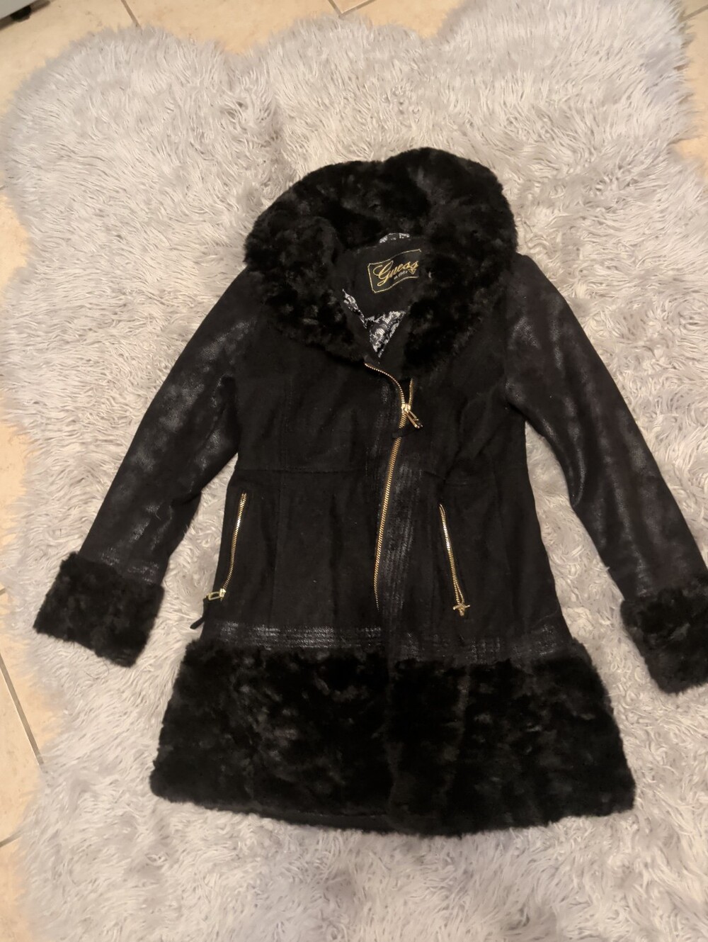 Guess Black Faux Fur Trim Trench Coat with Gold Hardware